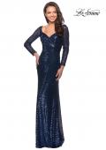 Picture of: Long Sleeve Sequined Gown with Soft V-Neckline in Navy, Style: 25331, Detail Picture 4