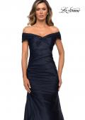 Picture of: Off the Shoulder Satin Evening Gown with Pleating in Navy, Style: 28047, Detail Picture 4