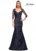 Picture of: Mermaid Satin Pleated Gown with Illusion Beaded Sleeves in Blue, Style: 30138, Detail Picture 4