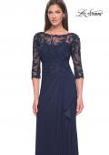 Picture of: Long Evening Gown with Lace Illusion Sleeves and Neckline in Navy, Style: 30385, Detail Picture 4
