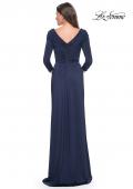 Picture of: Ruched Long Dress with Ruffle Skirt Detail and Sleeves in Navy, Style: 30845, Detail Picture 4