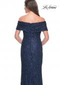 Picture of: Off the Shoulder Ruched Beaded Lace Evening Gown in Navy, Style: 31778, Detail Picture 4