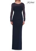 Picture of: Long Sleeve Sheer Net Jersey Gown with Ruching in Navy, Style: 33282, Detail Picture 4