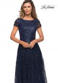 Picture of: Sequin Lace A-line Gown with Sheer Short Sleeves in Navy, Style: 27837, Detail Picture 5