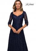Picture of: Embroidered Lace Gown with V Neckline and Flare Skirt in Navy, Style: 27949, Detail Picture 5