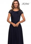 Picture of: Long Satin Dress with Sheer Floral Lace Cap Sleeves in Navy, Style: 28100, Detail Picture 5