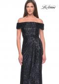 Picture of: Off the Shoulder Sequin Gown with Ruching in Navy, Style: 31772, Detail Picture 5