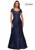Picture of: V-neck Jersey Floor Length Gown with Short Sleeves in Navy, Style: 27033, Detail Picture 6
