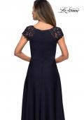 Picture of: Long Satin Dress with Sheer Floral Lace Cap Sleeves in Navy, Style: 28100, Detail Picture 6