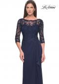 Picture of: Long Evening Gown with Lace Illusion Sleeves and Neckline in Navy, Style: 30385, Detail Picture 6