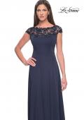 Picture of: A-Line Satin Dress with Stunning Beaded Neckline and Short Sleeves in Navy, Style: 31195, Detail Picture 6