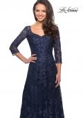 Picture of: Long Lace A-line Three Quarter Sleeve Gown in Navy, Style: 28053, Detail Picture 7