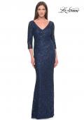 Picture of: Fitted Beaded Lace Evening Gown with Ruching in Navy, Style: 31721, Detail Picture 7