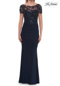 Picture of: Beaded Lace Illusion Bodice Evening Gown in Navy, Style: 33332, Detail Picture 7
