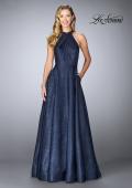 Picture of: Gathered Halter Neck Dress with Patterned A-line Skirt in Navy, Style: 24888, Main Picture