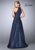 Picture of: Gathered Halter Neck Dress with Patterned A-line Skirt in Navy, Style: 24888, Back Picture