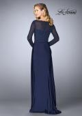 Picture of: Beaded Long Evening Gown with Sheer Sleeves in Navy, Style: 24895, Back Picture