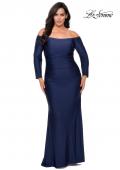 Picture of: Off The Shoulder Jersey Plus Size Long Sleeve Prom Gown in Navy, Style: 28881, Main Picture