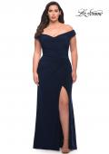 Picture of: Matte Jersey Long Plus Dress with Ruching and Slit in Navy, Style: 29663, Detail Picture 14