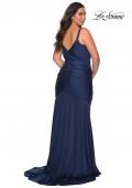 Picture of: Curvy Jersey Prom Dress with Center Slit and Ruching in Navy, Style: 29027, Back Picture