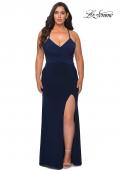 Picture of: Jersey Plus Size Dress with Slit and Lace Up Back in Navy, Style: 29055, Back Picture