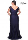 Picture of: Long Jersey Gown with Jeweled Cap Sleeves in Navy, Style: 29481, Back Picture