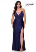 Picture of: Jersey Prom Dress for Curves with Slit and Criss Cross Back in Navy, Style: 29022, Detail Picture 1