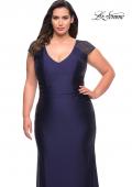 Picture of: Long Jersey Gown with Jeweled Cap Sleeves in Navy, Style: 29481, Detail Picture 1
