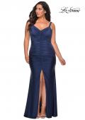 Picture of: Curvy Jersey Prom Dress with Center Slit and Ruching in Navy, Style: 29027, Detail Picture 2