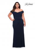 Picture of: Matte Jersey Long Plus Dress with Ruching and Slit in Navy, Style: 29663, Detail Picture 2
