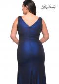 Picture of: Metallic Jersey Plus Gown with Slit and V Neckline in Navy, Style: 30267, Detail Picture 2