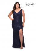 Picture of: Stretch Sequin Plus Size Gown with Slit and V Neck in Navy, Style: 30307, Detail Picture 2