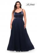 Picture of: Long Plus Size Gown with Tulle Skirt and Satin Top in Navy, Style: 29072, Detail Picture 3