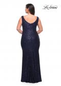 Picture of: Stretch Sequin Plus Size Gown with Slit and V Neck in Navy, Style: 30307, Detail Picture 3