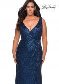 Picture of: Sequin Plus Size Prom Gown with Ruching and V-neck in Navy, Style: 29046, Detail Picture 7