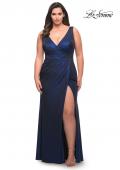 Picture of: Metallic Jersey Plus Gown with Slit and V Neckline in Navy, Style: 30267, Detail Picture 7