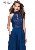 Picture of: Long A Line Chiffon Dress with Lace Up Neckline in Navy, Style: 25347, Main Picture