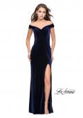 Picture of: Long Off the Shoulder Velvet Gown with Open Back in Navy, Style: 25400, Main Picture