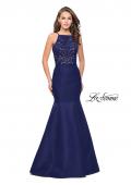 Picture of: Long Mermaid Prom Dress with Laser Cut Pattern Detail in Navy, Style: 25650, Main Picture