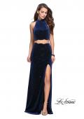 Picture of: Two Piece Velvet Prom Dress with Scallop Detail and Slit in Navy, Style: 25667, Main Picture