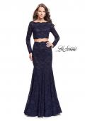 Picture of: Mermaid Style Lace Two Piece Dress with Scalloped Trim in Navy, Style: 25668, Main Picture