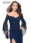 Picture of: Beaded Prom Dress with 3/4 Bell Sleeves and Leg Slit in Navy, Style: 25717, Main Picture