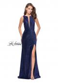 Picture of: Sparkling Jersey Prom Dress with Open Diamond Back in Navy, Style: 25869, Main Picture