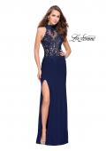Picture of: Sheer Lace and Beaded Prom Dress with High Neck in Navy, Style: 26038, Main Picture