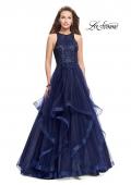 Picture of: Ball Gown with Tulle Skirt, High Neck, Beads, and Lace in Navy, Style: 26386, Main Picture