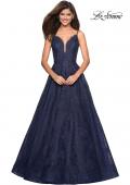 Picture of: Lace Detail Long A Line Prom Dress with Open Back in Navy, Style: 27030, Main Picture