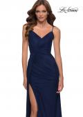Picture of: Long Net Jersey Prom Gown with Ruching and Slit in Navy, Style 29699, Main Picture