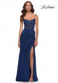 Picture of: Satin Dress with Sheer Lace Bodice and Slit in Navy, Style 29888, Main Picture