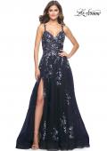 Picture of: A-Line Tulle and Floral Sequin Gown with High Slit in Navy, Style: 31936, Main Picture