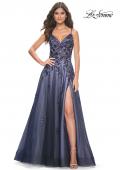 Picture of: Two Tone A-Line Tulle Gown with Ruching and Sequin Lace Detail in Navy, Style: 32185, Main Picture